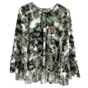 PROSE & POETRY GREEN WHITE WATERCOLOR RUFFLE BLOUSE TOP SZ S